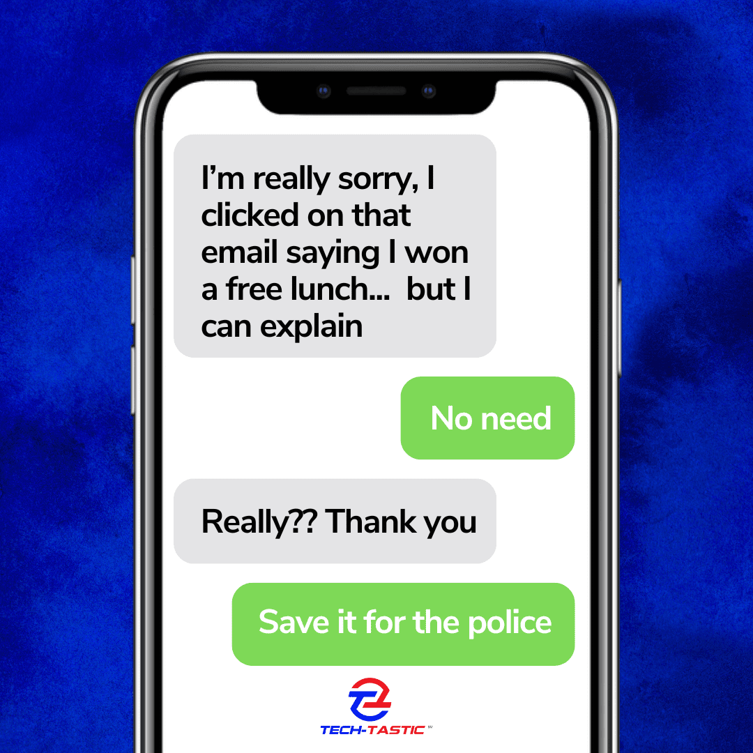 a cell phone with text messages about clicking on free lunch email