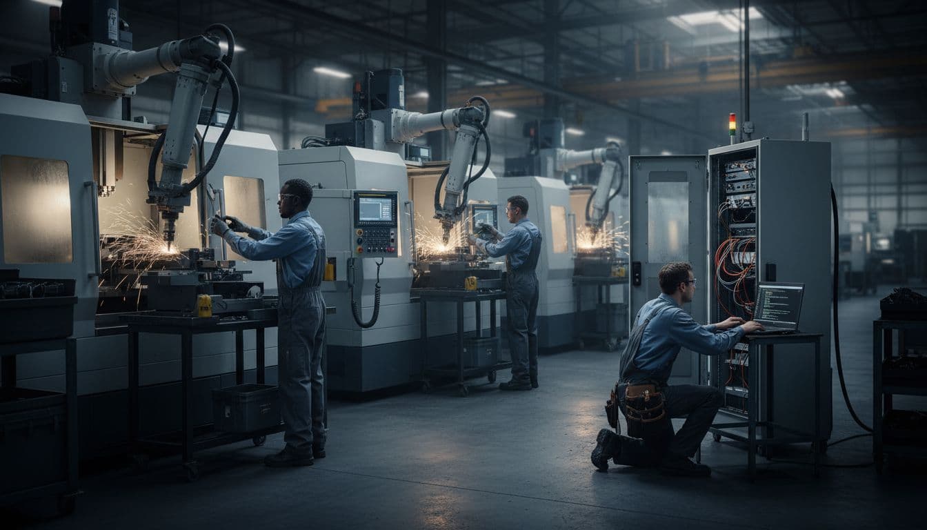 Busy machine assembly shop floor in a Milwaukee factory, with operators at CNC machines and robotic arms, and one IT technician checking a control panel with laptop, illustrating daily IT challenges. Teams like this need to make sure they have the right machine assembly IT services.