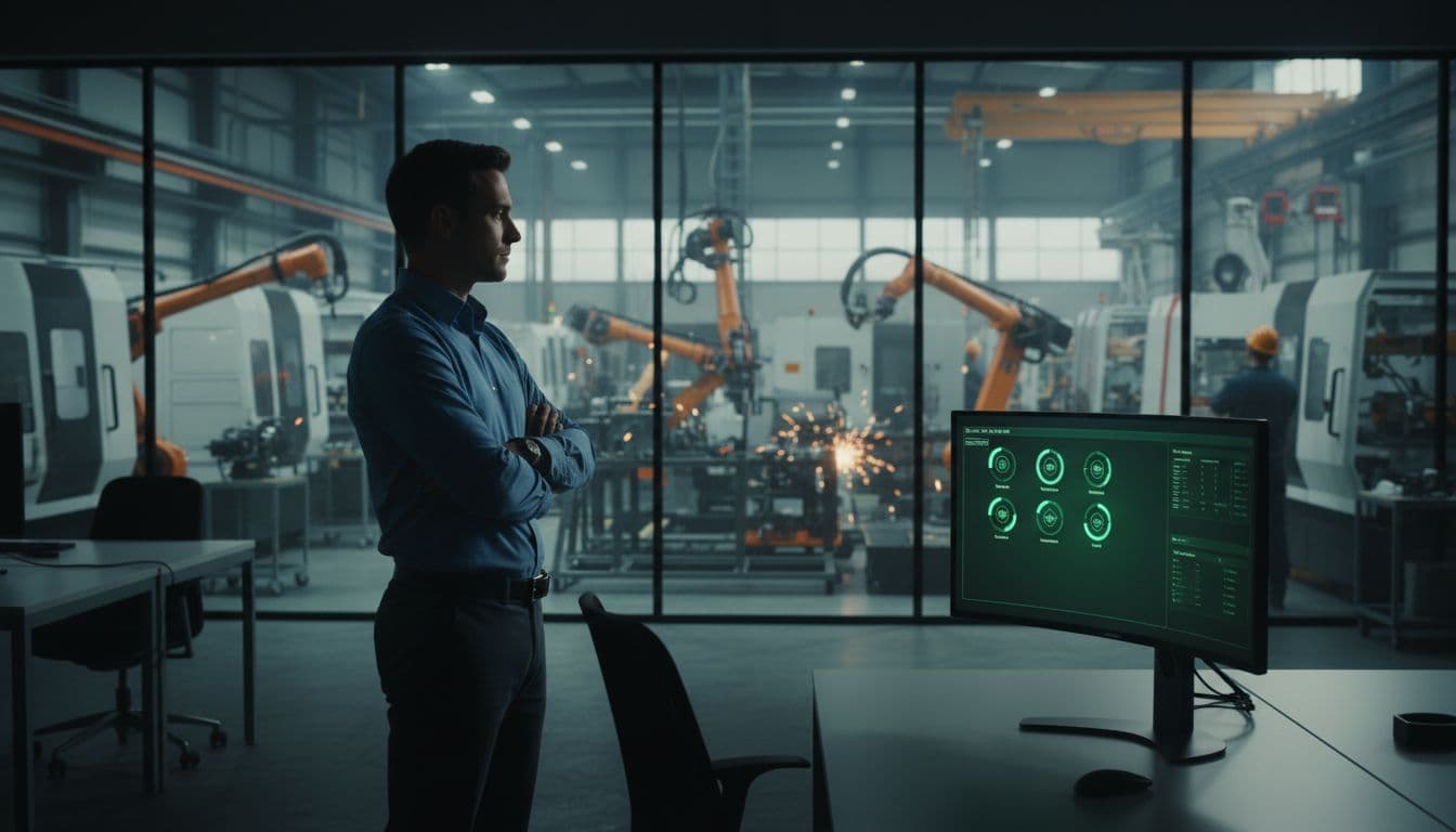 A relaxed plant manager with arms crossed stands in a modern office, reviewing a green-status uptime dashboard on a computer screen, with a view of the active machine assembly shop floor through large windows, cinematic style with dramatic lighting.