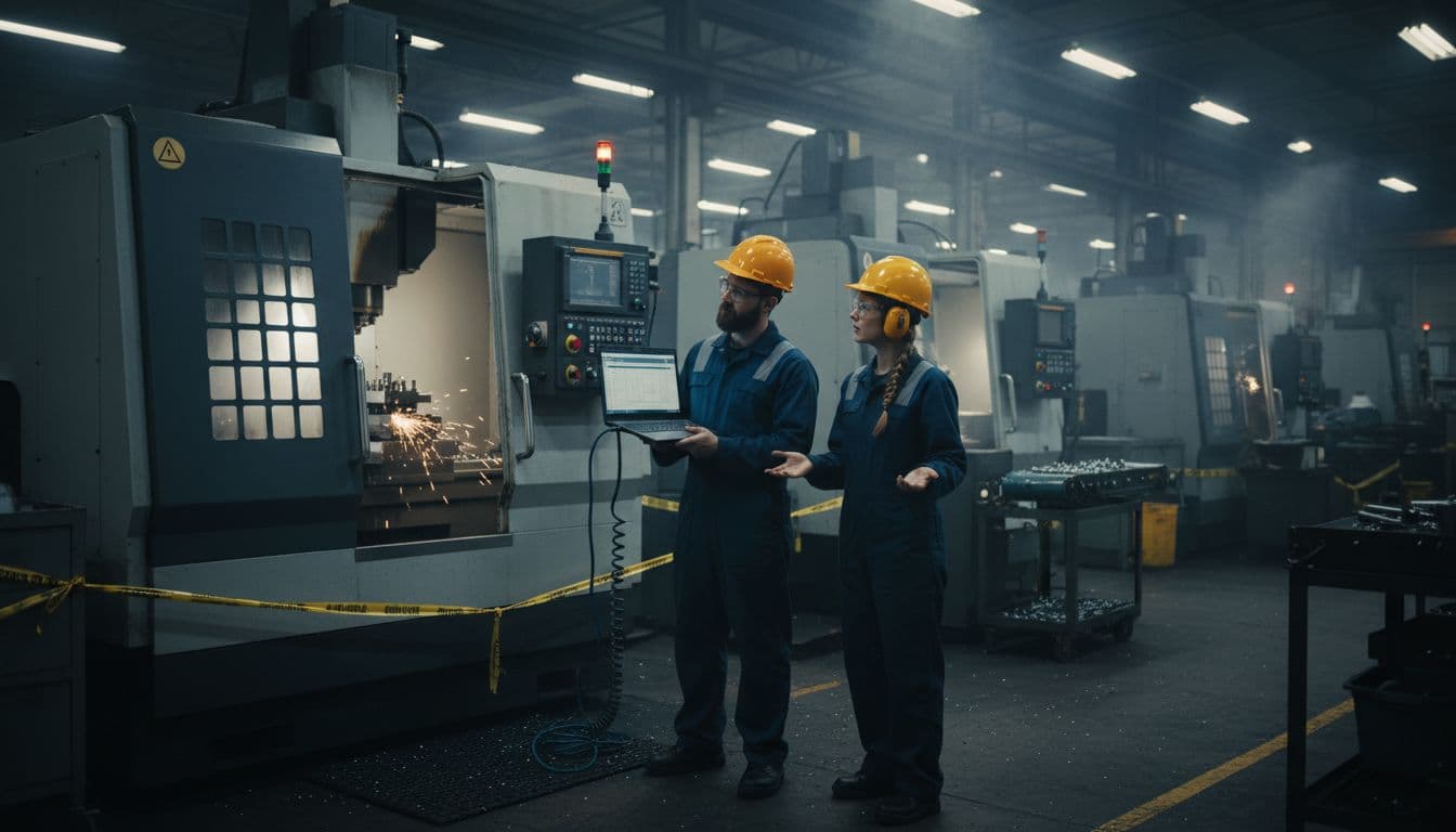 Stopped milling machine with warning light on a Milwaukee CNC shop floor, showing two workers in safety gear examining a laptop — the kind of production gap that managed IT services for CNC machine shops are designed to prevent.