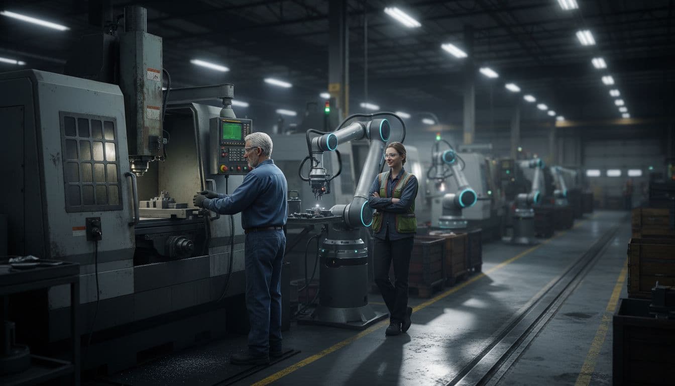Interior of a Southeast Wisconsin manufacturing shop floor where industrial IT support Wisconsin manufacturers depend on keeps aging CNC machines and modern industrial robots running, with two operators at work under dramatic overhead lighting.