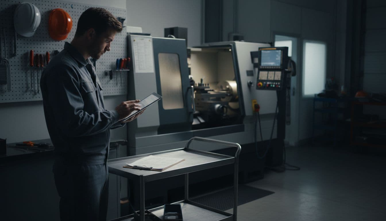 Technician in a clean shop floor environment updates machine records on a tablet next to a CNC lathe, with organized clipboard nearby and blurred control panel in background.